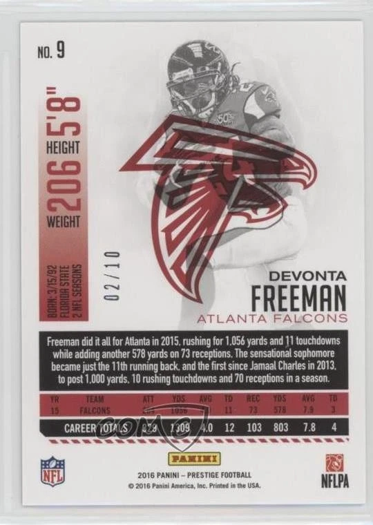 2016 Panini Prestige Xtra Points Black /10 Devonta Freeman #9 - Image 2 of 2