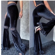 Black Glam Velvet Bell Bottom Wide Leg Lace Pants Small