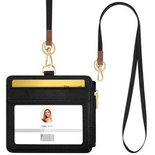 ID Badge Holder with Lanyard, Horizontal PU Leather - Black