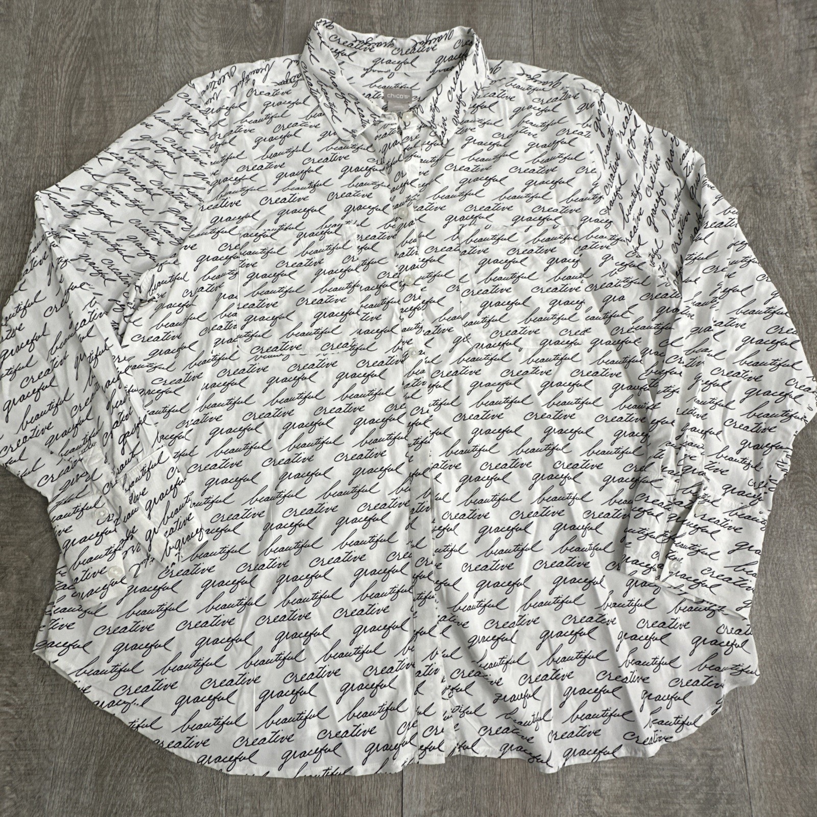 Chico's Women's XL White Black Script Print Cursive Handwriting Button Up Blouse