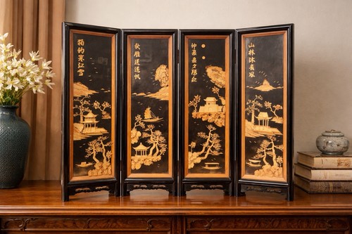 Asian Style 4-Panel Wooden Folding Screen Decorative Tabletop Black Brown