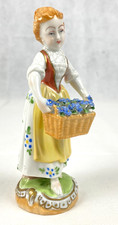 Antike Porzellanfigur Dresden Potschappel Dame mit Blumenkorb Vergissmeinnicht