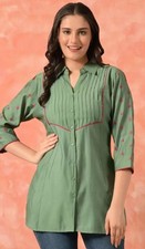 Indian Tunics; Women Green Thread work Pleated Solid Silk Tunic Kurti.