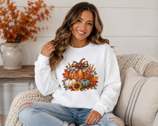 Fall Pumpkin Sweatshirt Women Plaid Bow Autumn Floral Crewneck Thanksgiving