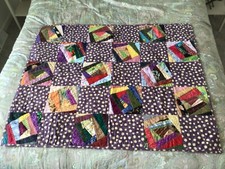 Purple Patchwork Busy Embroidered Accent Quilt Handmade with Machine Stitching