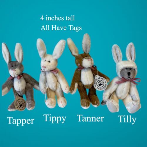 Boyds Bears Wuzzies 3 Bunny Rabbits & 1 Bear Dressed As Bunny 4 Inches All New - Afbeelding 1 van 6