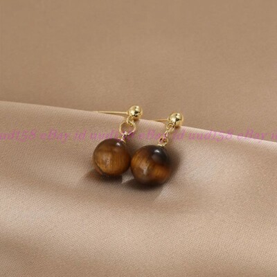 NEW Natural 10mm Tiger's Eye Ball Stud Earrings Classic Simple Elegant