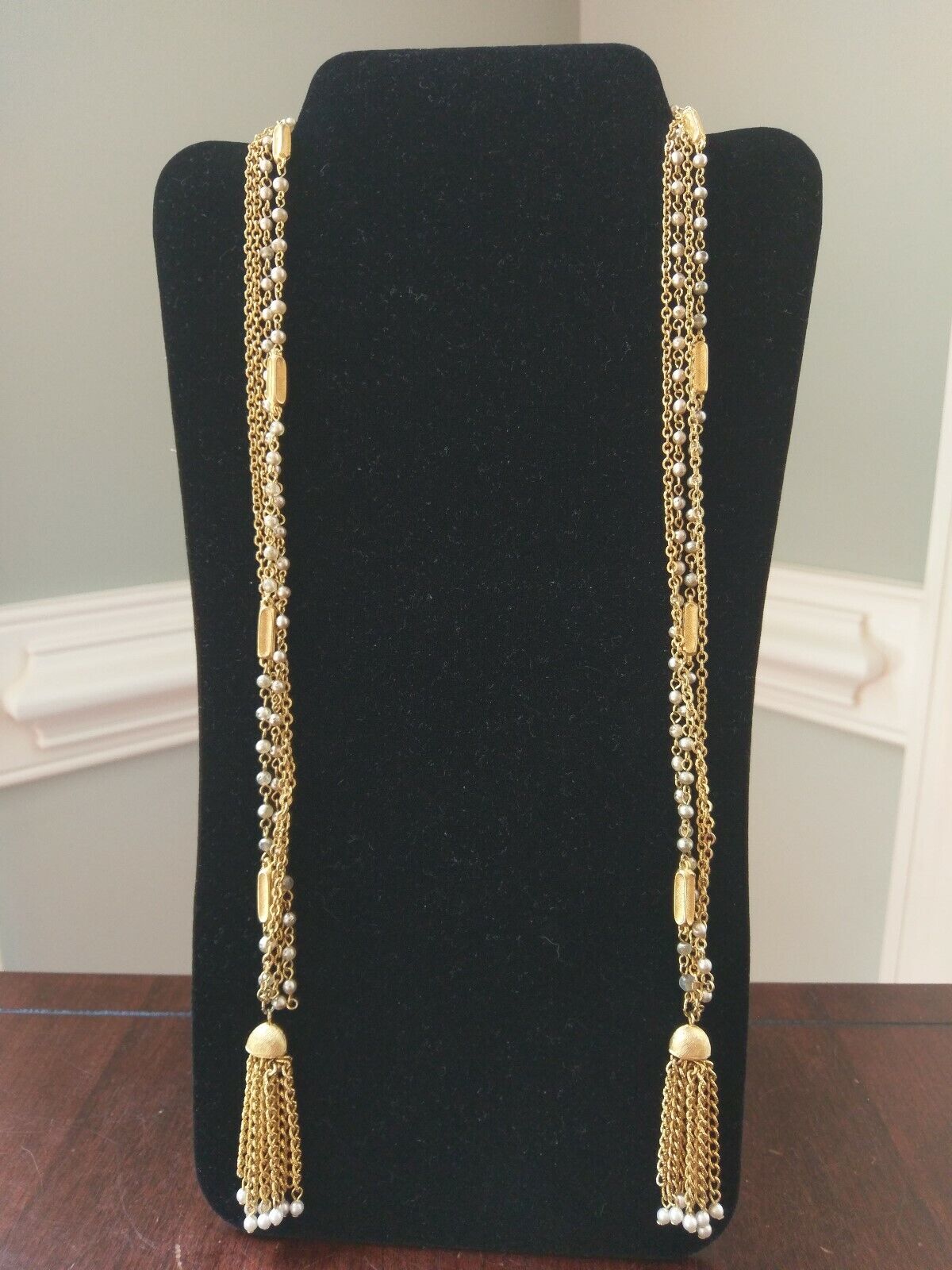 Vintage Pearl Tassel Lariat Necklace Gold Chain M… - image 2