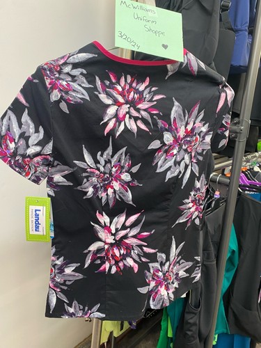 Landau XS Pink and Black Floral Print Scrub Top - Picture 2 of 5