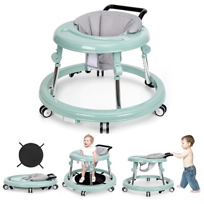 Foldable Baby Walker, Height Adjustable Infant Toddler Walker w Wheels Foot pad