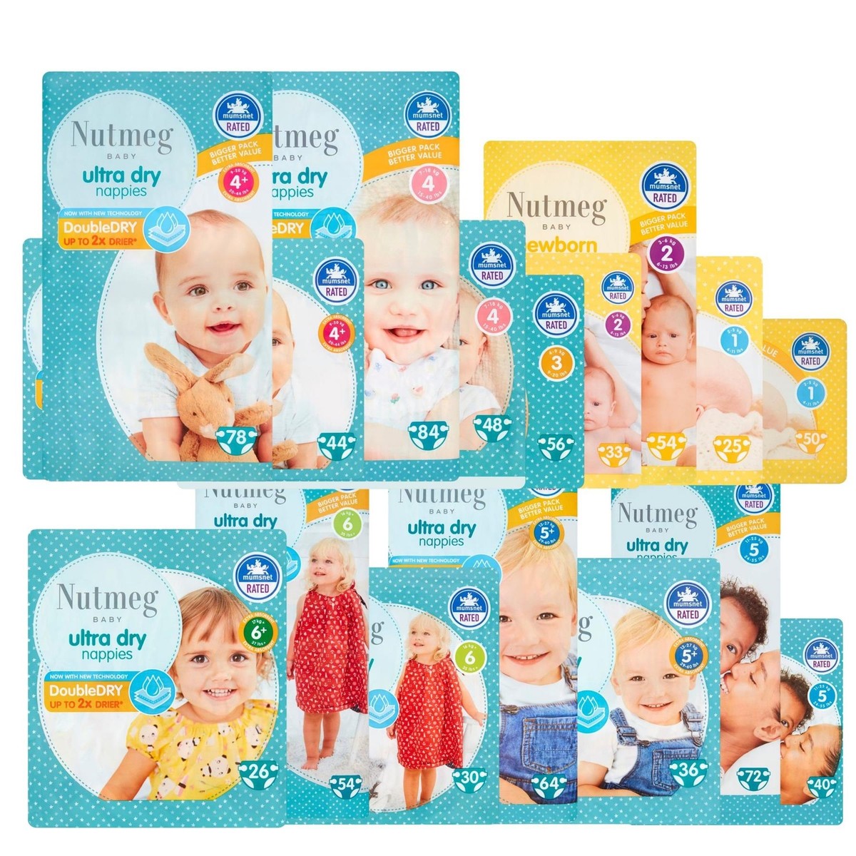 Nutmeg Nappies All Size Range From Newborns to Toddlers Bulk