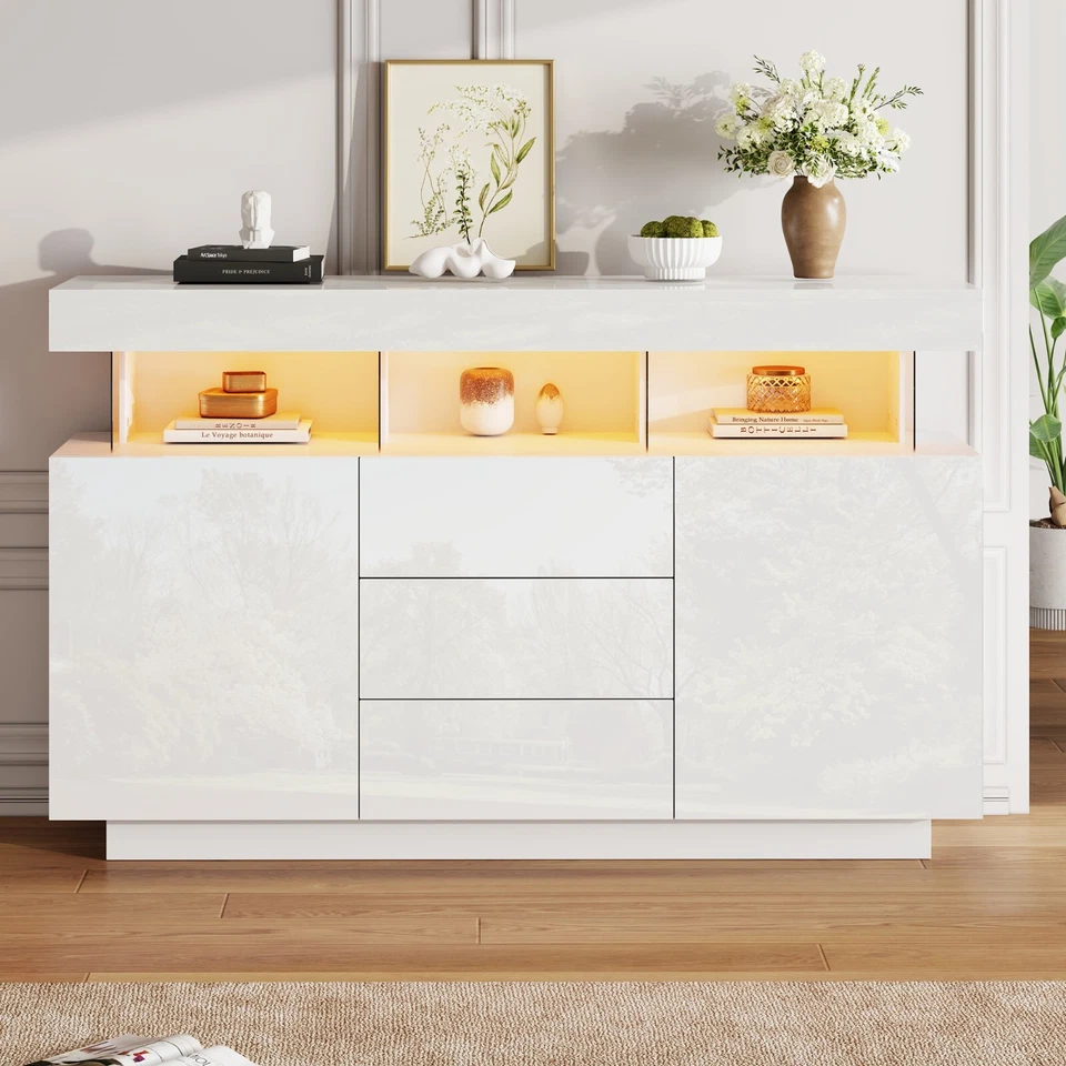 Hochglanz Moderner Sideboard Kommode TV Schrank mit LED Beleuchtung Weiß - Bild 2 von 4
