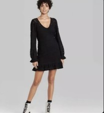 Wild Fable Womens Size XS Dress Long Sleeve Brushed Lace Skater Black X Small