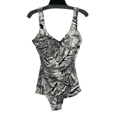 Azul Womens Tropical Ruched Front One Piece Swimsuit Black White Size 18