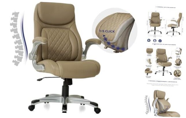 Ergonomic Office Chair Premium Microfiber Leather Adjustable Lumbar Taupe-image