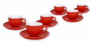 Set of 6 Red Coffee Espresso Porcelain Cups With Saucers