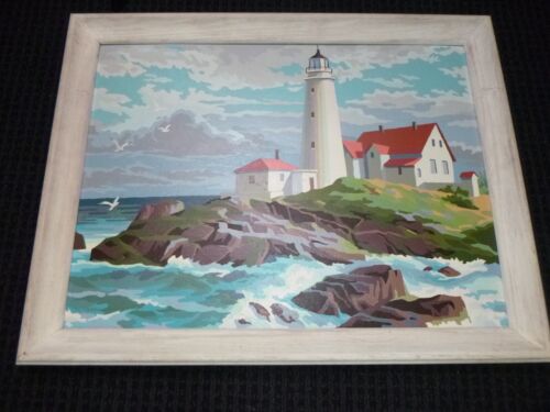Vtg 1959 Paint By Number Painting Craftint Lighthouse Seascape Ocean 24x18 