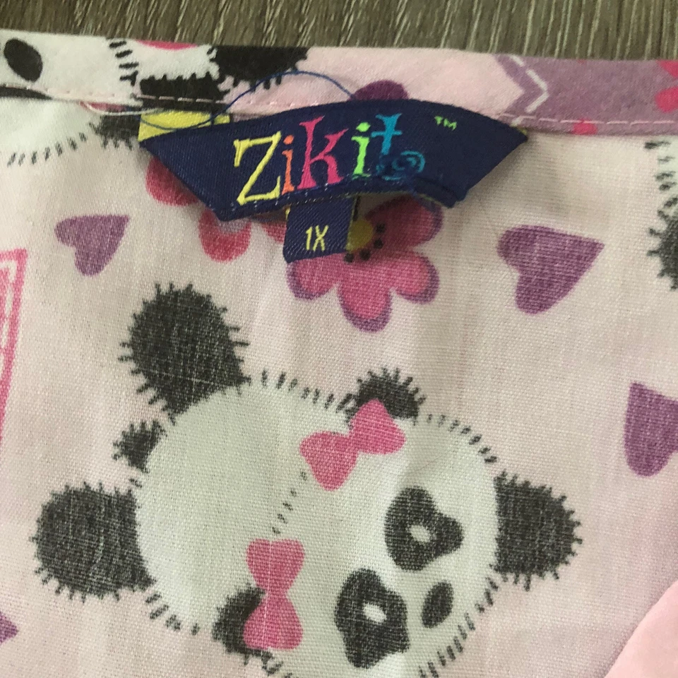 Zikit Women's Sz 1X Pink Purple Hearts Panda Pink Ribbon Mock Wrap Scrub Top New - Image 3 of 4