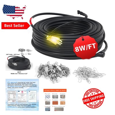 24ft Self-Regulating Roof Heating Cable with 10ft Lighted Plug for Winter Safety