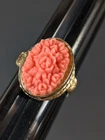 Size 8 Vtg Costume Jewelry Cocktail Ring With Coral Colored Carved Floral Flower