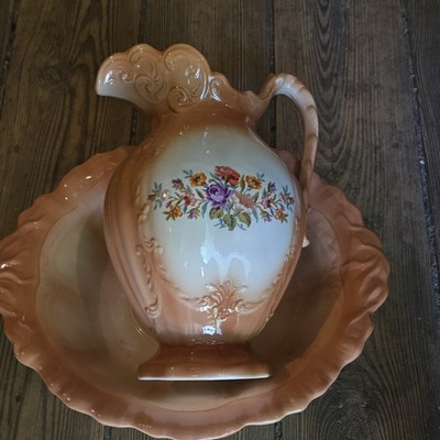 Glossy Ceramic Floral Pitcher and Bowl Set, Peach White Multicolor, Round
