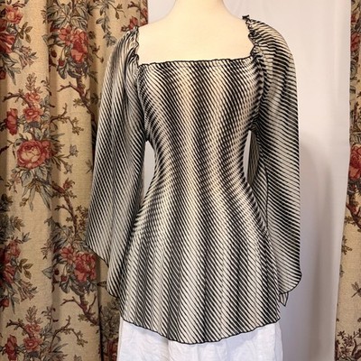MKM Designs Black White Striped Pleated Tunic with Flowy Flared Angel Sleeve