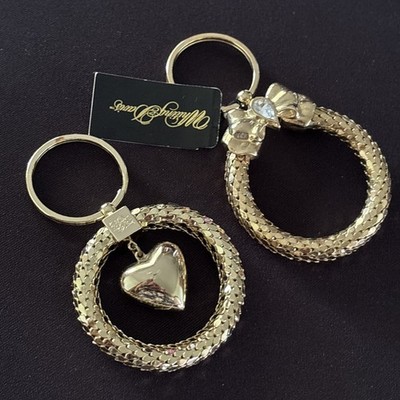2 Whiting And Davis Mesh Key Chains Dangle Heart & Rhinestone Bow Gold Tone