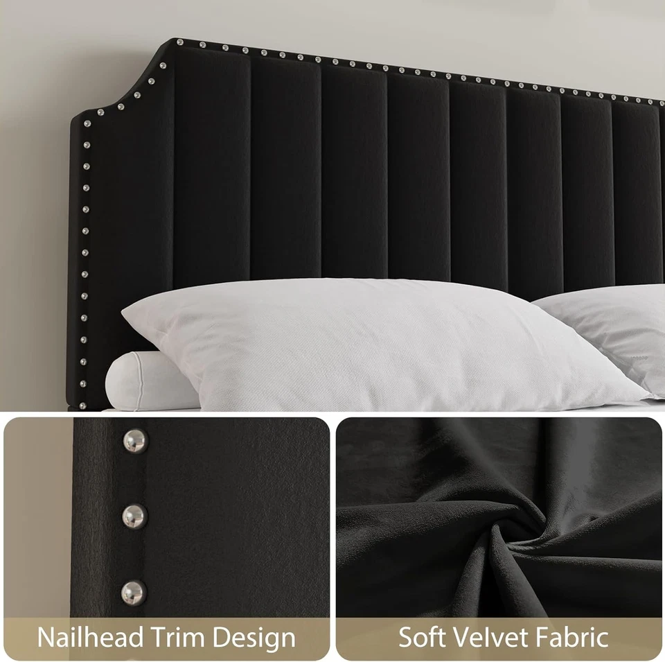 Marco de cama de terciopelo tamaño king, cabecero alto acolchado canal vertical de 50,2" negro Foto 3 de 4