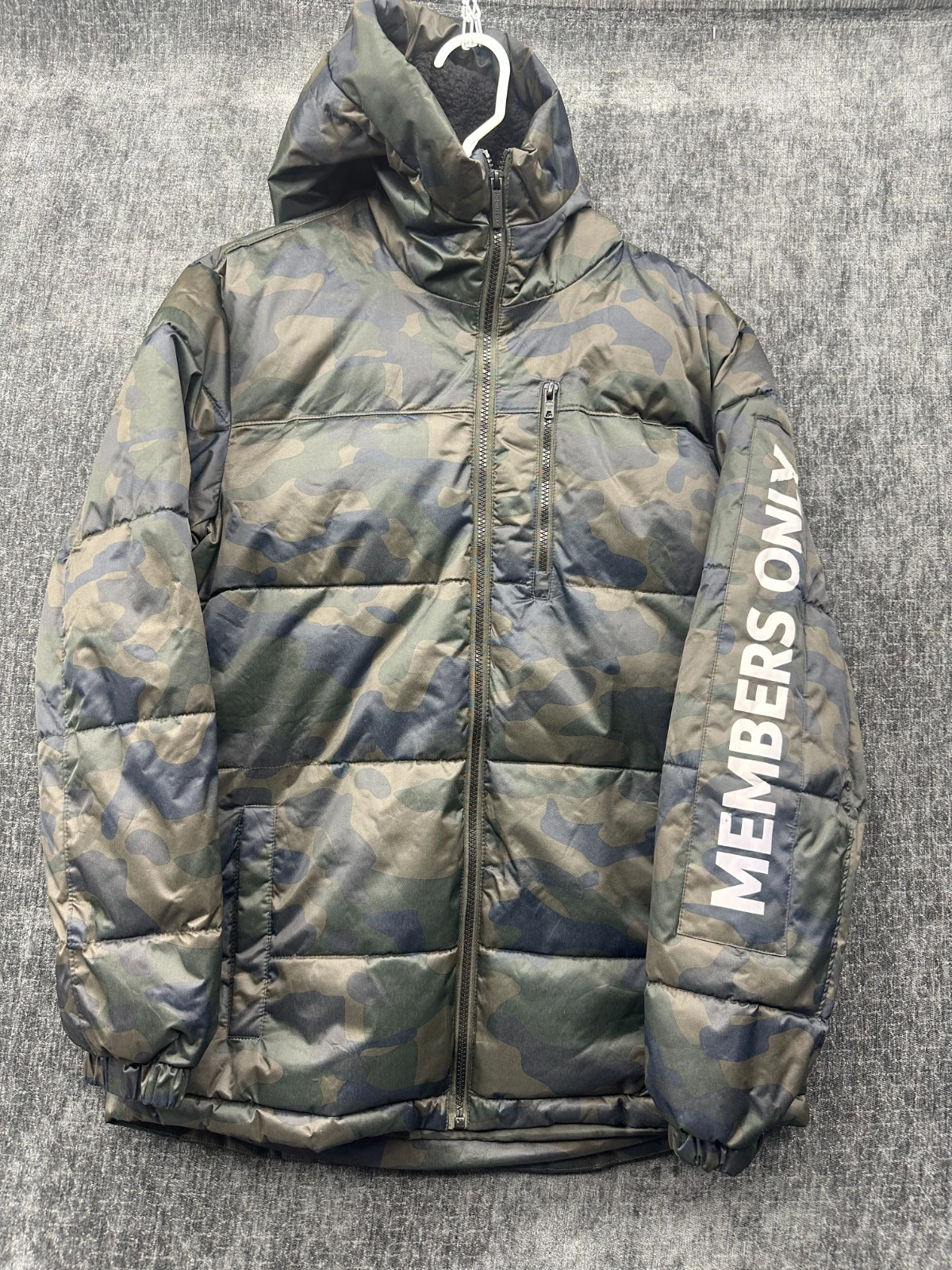 Members Only Puffer Jacket Mens Small Multi Camouflage Hooded Water Resistant