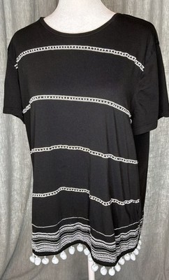 Lauren Ralph Lauren Pom Pom Hem Embellished Black Tunic Top XXL
