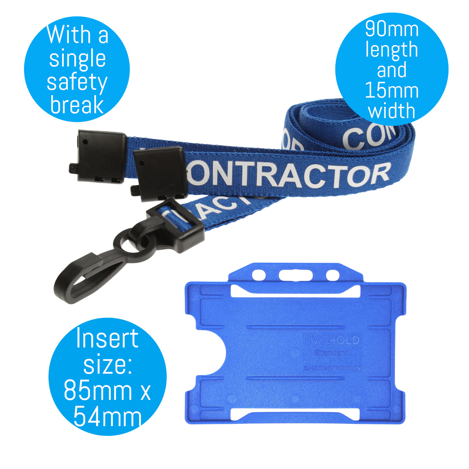Printed Contractor Lanyard Safety Breakaway Neck Strap & Blue ID Card Holder Set