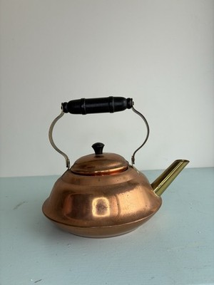 Vintage Copper Kettle Teapot Mid Century Modern Copper Brass Spout Wood Handle