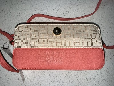 Tommy Hilfiger Small Logo Monogram Pink/Beige Zip Crossbody Bag Gold Hardware