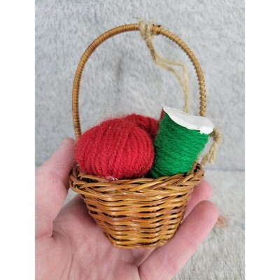 Miniature Wicker Basket with Yarn Spools and Knitting Needles Ornament Craft