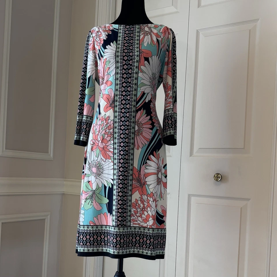 Vestido recto jersey floral London Time talla 8 Y2K informal artístico retro profesor Foto 2 de 4