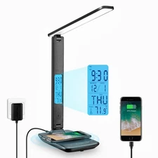 Desk Lamp with Wireless Charger: USB Charging Port, Table Lamp with Clock, De...