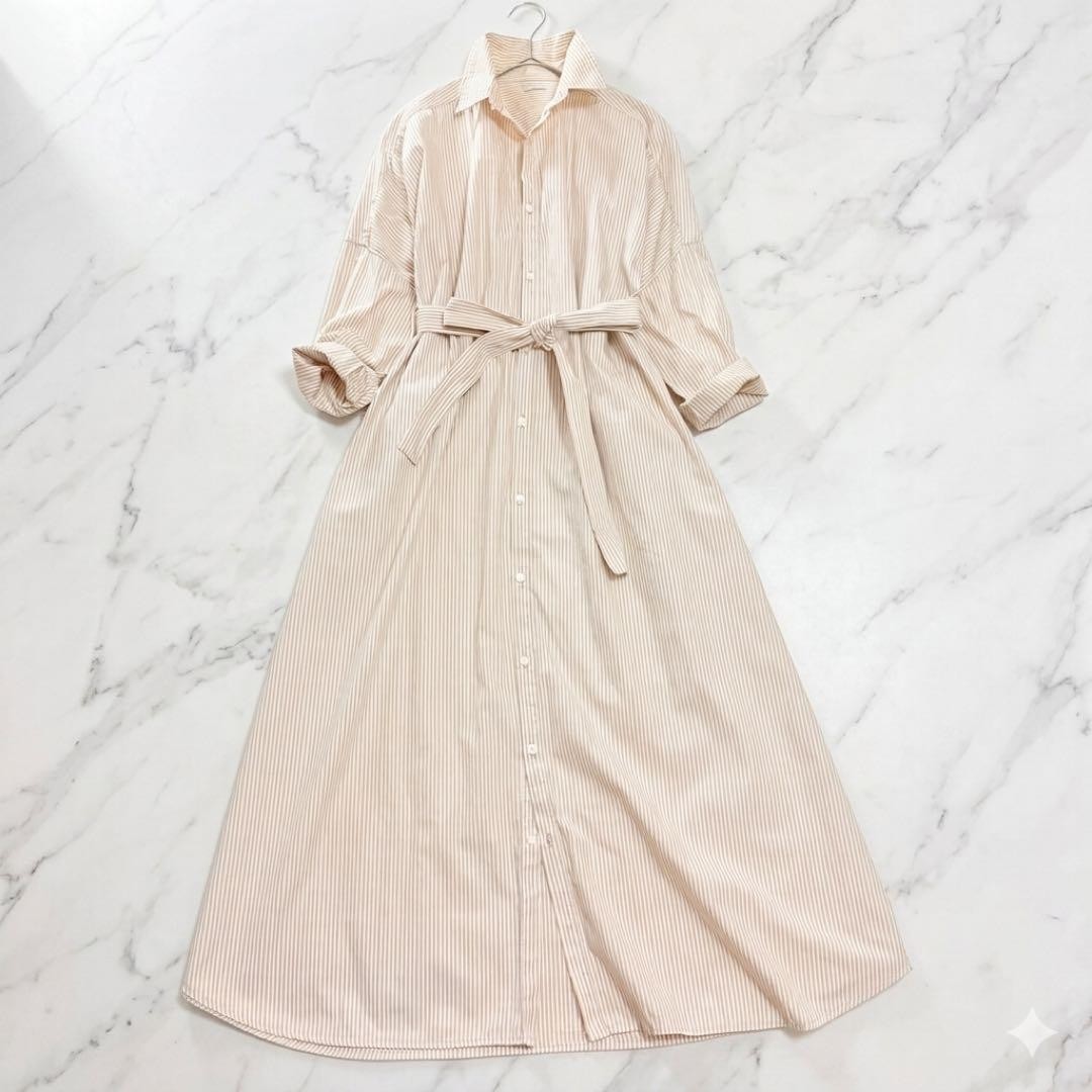 ICHI / ICHI Antiquites Cotton Shirt Long Dress Collared Striped