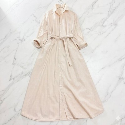 ICHI / ICHI Antiquites Cotton Shirt Long Dress Collared Striped Beige Exc