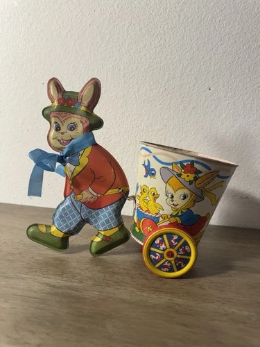 Ohio Art Co Tin Toy Litho Rabbit Pulling Bucket Easter