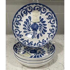 Set 4 BLUE ROSE SCROLL 8.5” Salad Pasta Dinner Bowls ARTISAN DE LUXE Melamine