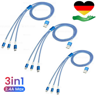 3X Multi USB Kabel 3in1 Ladekabel Auto USB C Micro USB Dreifach Handy DE