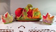 Essential Home Figural Fruit 1/4 LB COVERED Butter Dish GREEN BORDER SALT PEPPER