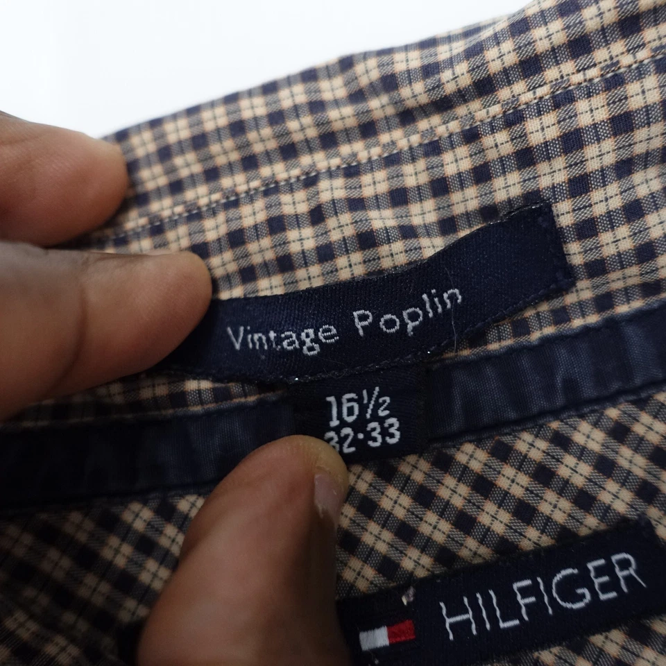 Винтажная мужская сорочка Tommy Hilfiger 16,5 серо-коричневая клетчатая поплин на пуговицах - Изображение 4 из 4