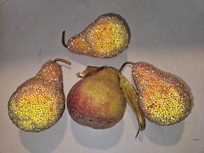 Sugared Beaded Fruit Lot Of 4 Ornaments ~ Yellow and Orange Pears 4'' Tall