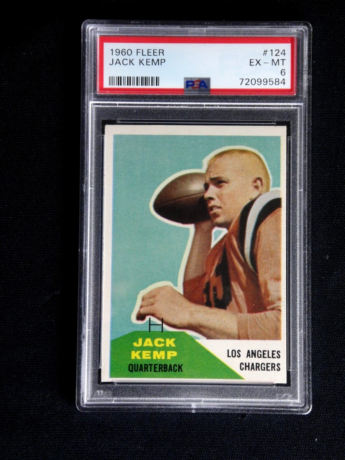 JACK KEMP 1960 FLEER FOOTBALL ROOKIE CARD #124 PSA 6 EX-MT QB LA CHARGERS RC . .