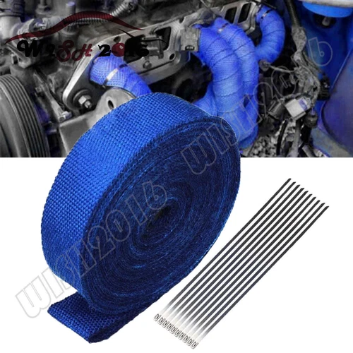 2" x 50FT Roll Blue Exhaust Wrap Manifold Header Pipe Heat Wrap Tape+10 Ties Kit