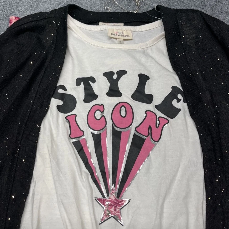 Conjunto de 3 piezas de camiseta sin mangas cárdigan pantalones niñas XL blanco negro elástico nuevo Foto 2 de 4