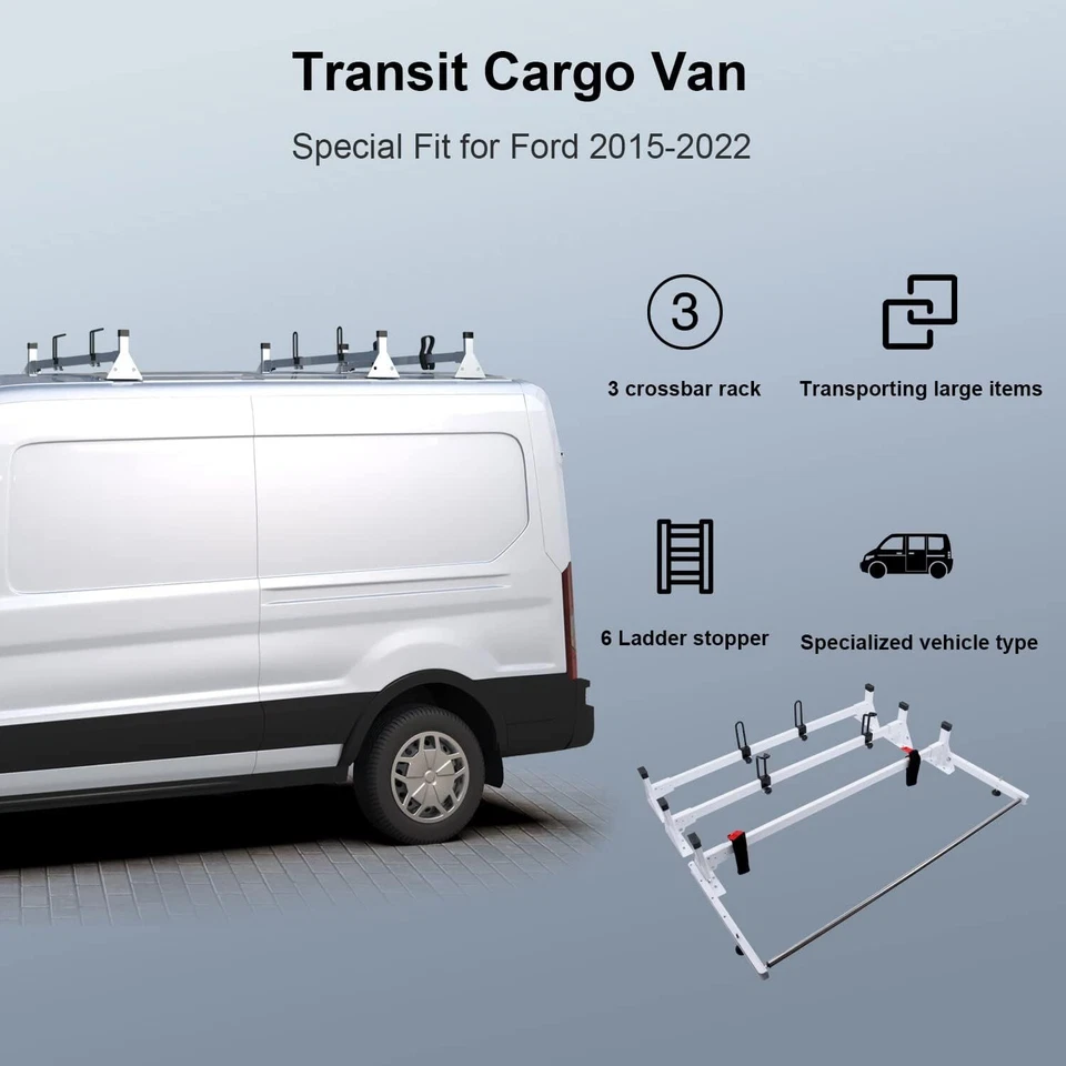 Лестничный багажник на крышу 54 дюйма 3 шт с грузовым роликом для грузового фургона Ford Transit 2015-2024 годов выпуска - Изображение 2 из 4
