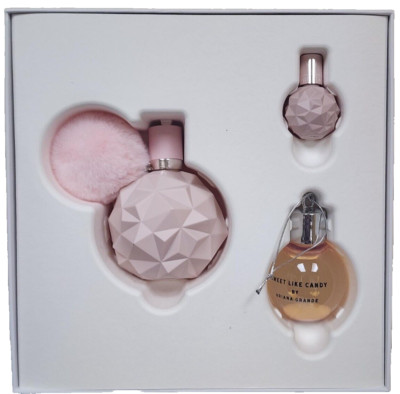 ARIANA GRANDE SWEET LIKE CANDY SET 3.4 OZ EDP SPRAY 0.25  PARFUM 2.5 OZ SH/GEL