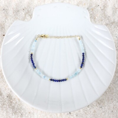 A++ Natural Aquamarine & Lapis Lazuli Faceted Round Gemstone Beads 6-8'' Bracelet